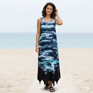 Kensie Blue Aqua Tie Dye Asymmetrical Maxi Dress Size M Sleeveless Lined